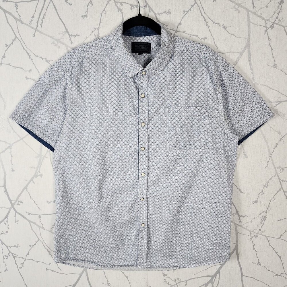 Blumind White Blue Geometric Print 100% Cotton Pearl Snap Shirt